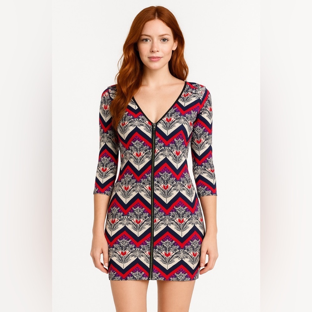 B Envied Tunic Blue Red Geometric Designs Small